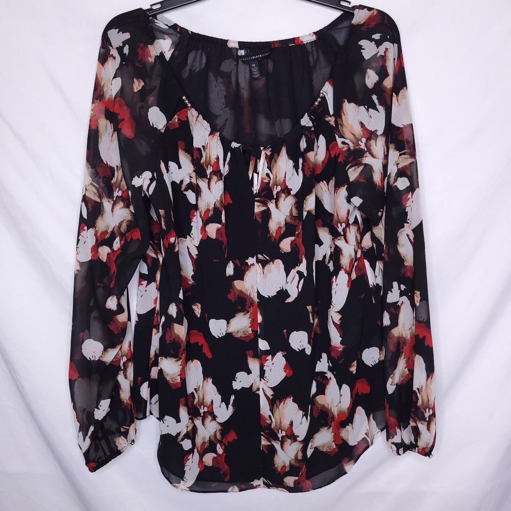 White House Black Market Blouse Womens 12 Red Black Floral Woven Sheer